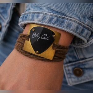Custom Made Johnny Cash Signed Black Guitar Pick & Brass Wrap Bracelet